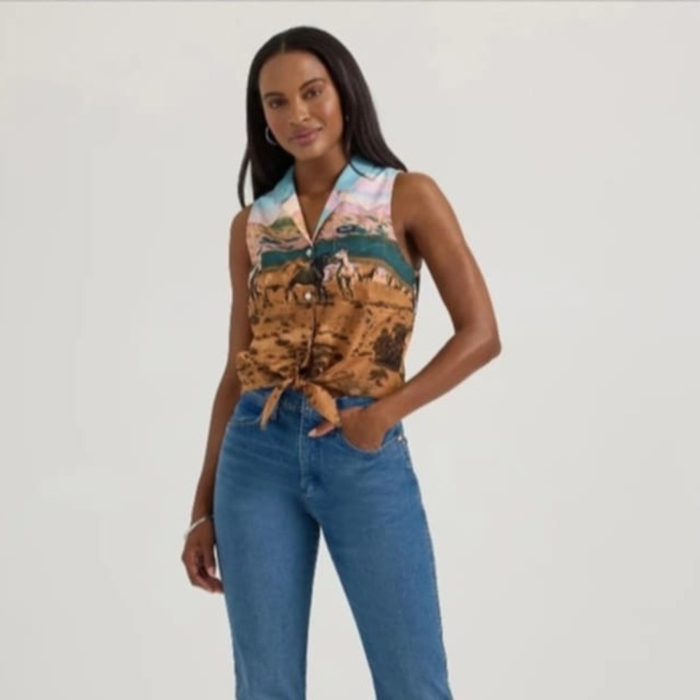 Wrangler Retro Sunset Americana Horse Graphic Sleeveless Button-front Tank Top